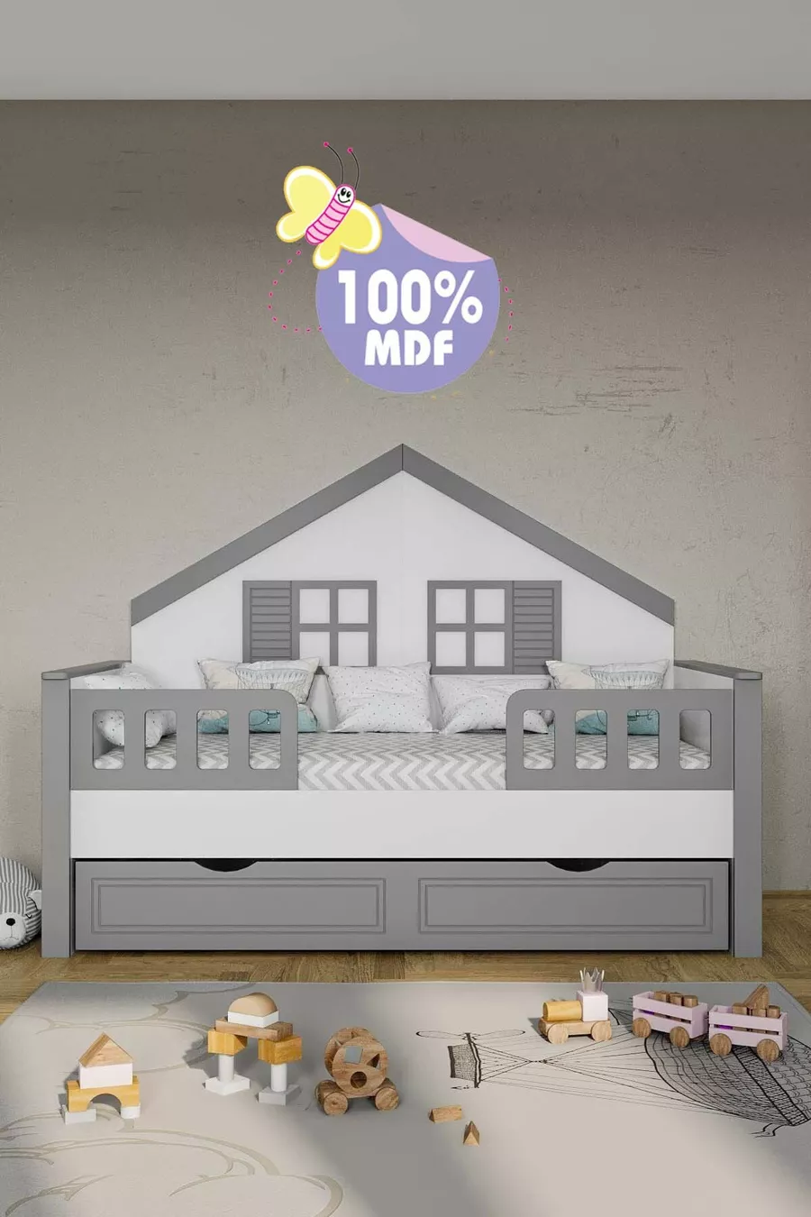 % Lit Montessori pour enfants en MDF avec tiroirs, gris