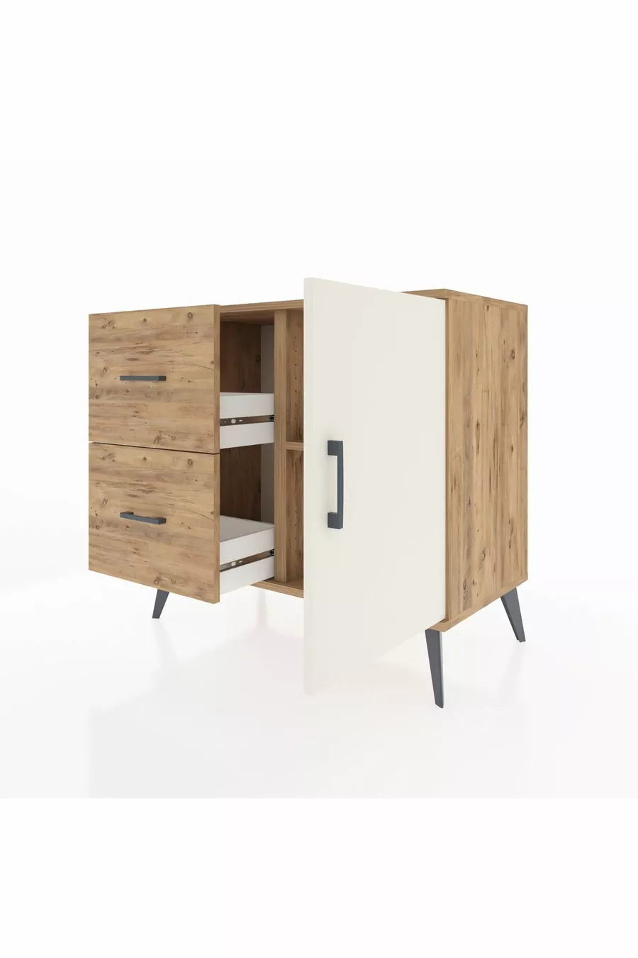 Commode Hyperion avec une étagère, 2 tiroirs et une porte, pin-pierre d'onyx/pin