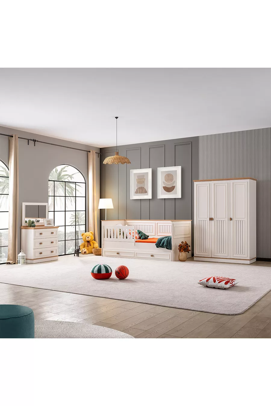 Ensemble de chambre Zenit, lit coffre avec barrière pour bébé Zenit, armoire à 3 portes, commode
