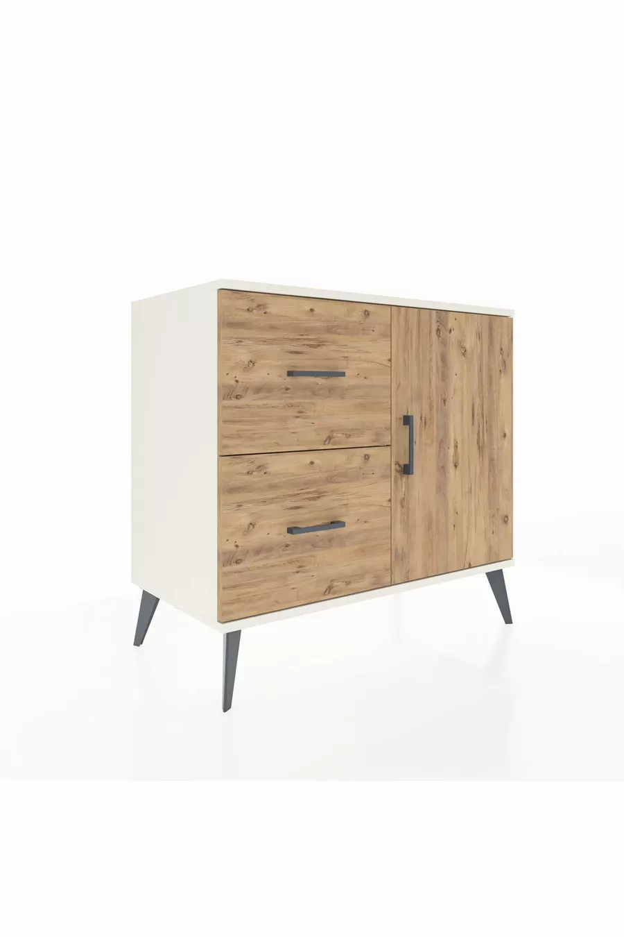 Commode Hyperion à une étagère, 2 tiroirs et 1 porte, Pierre de Lune-Pin