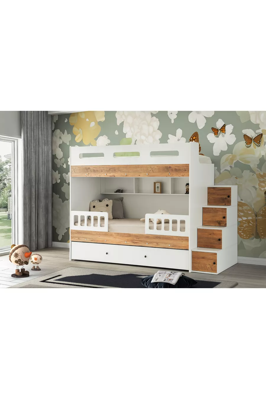 Lit superposé Berlin / Blanc-pin / 3 sections de couchage avec escalier et armoire / 100 % MDF