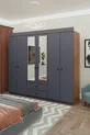 GM  ARMİNA Armoire 6 portes 2 tiroirs avec miroir, couleur noyer anthracite gris, poignées boutons