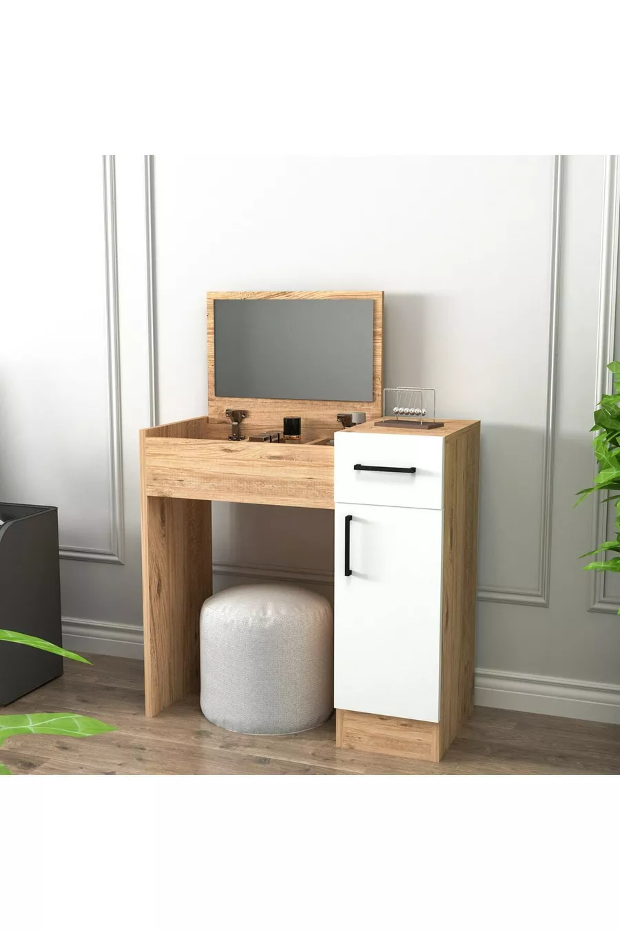 Coiffeuse avec miroir et tiroirs İnci Çekmceli, pin blanc Atlantik - İnci