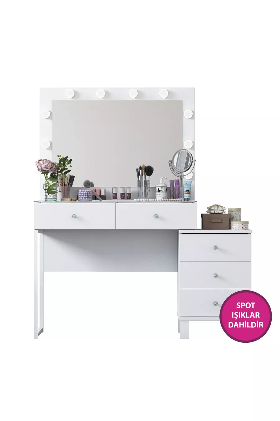 Rani Coiffeuse de Coulisses avec Miroir Illuminé Hollywood, 5 Tiroirs, Organisateur de Bijoux, Blanc