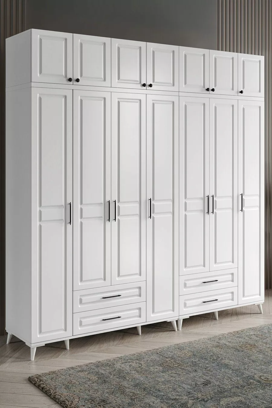 Armoire blanche complète en MDF avec 7 portes et penderie Gözde, montage gratuit