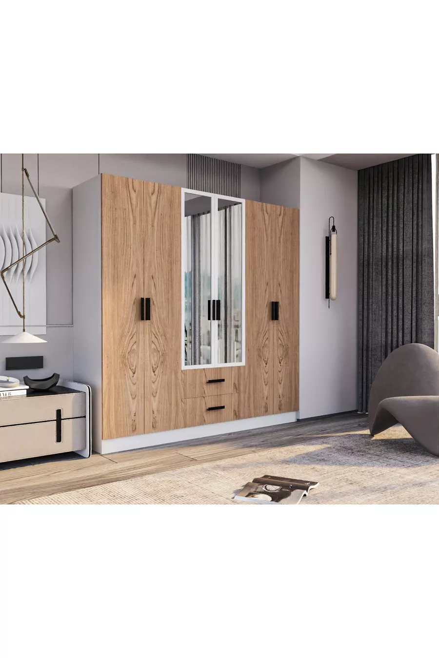 Valeria Armoire 6 Portes 2 Tiroirs Grande Armoire & Armoire à Miroir Pin Atlantique & Blanc