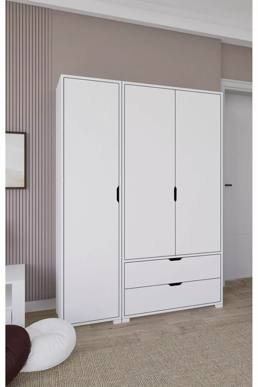 Armoire à vêtements Duru Mat Blanc à 3 portes et 2 tiroirs - Ensemble de garde-robe