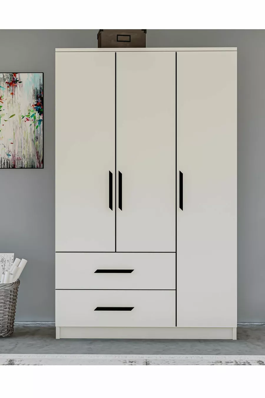 Gm  Modena Armoire Blanche à 3 Portes et 2 Tiroirs avec Poignées Noires