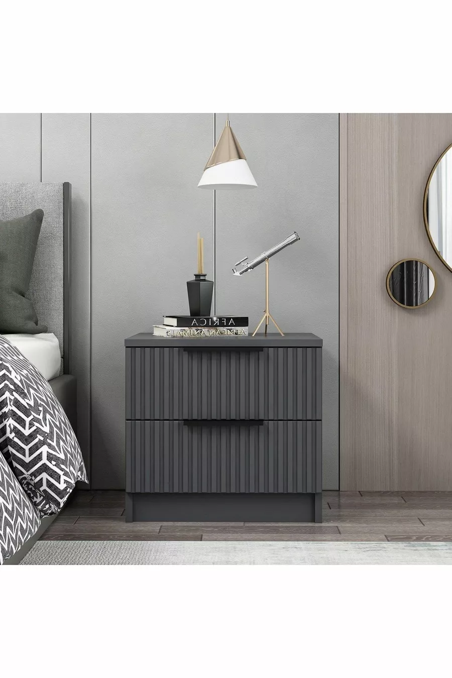 Table de chevet Kale Plus 2 tiroirs - Anthracite avec motif rayé en membrane