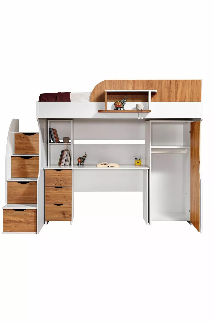 Lit superposé, lit superposé avec armoire et bureau, blanc-noix foncé, 1 matelas Comfort