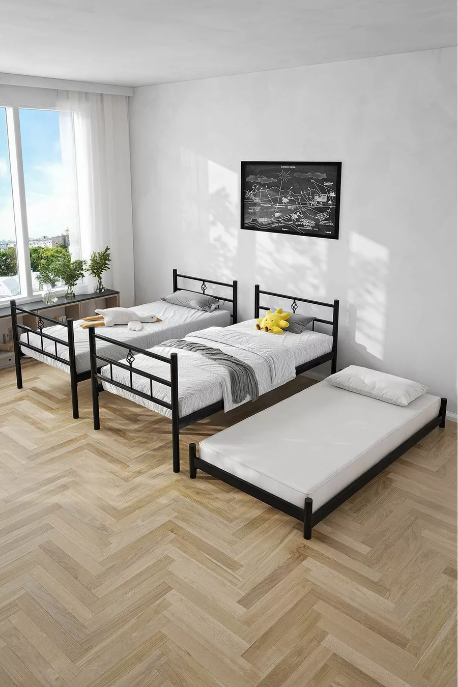 Lit superposé Koza avec tiroir, compatible pour 3 personnes, lit en métal noir