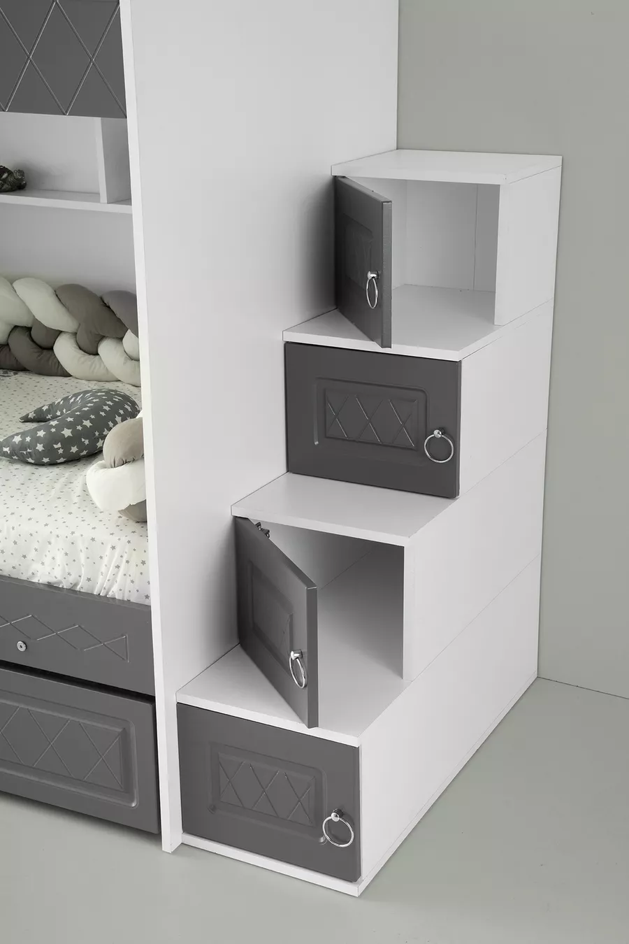 Lits superposés avec tiroirs Zümrüt, support en acier, revêtement en membrane, 100% MDF