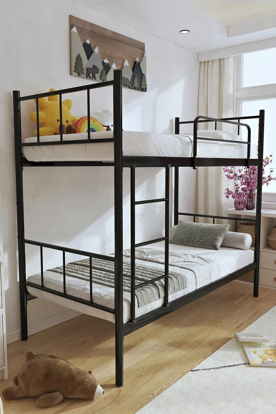 Lits superposés Tekno compatibles avec matelas, métal noir détachable