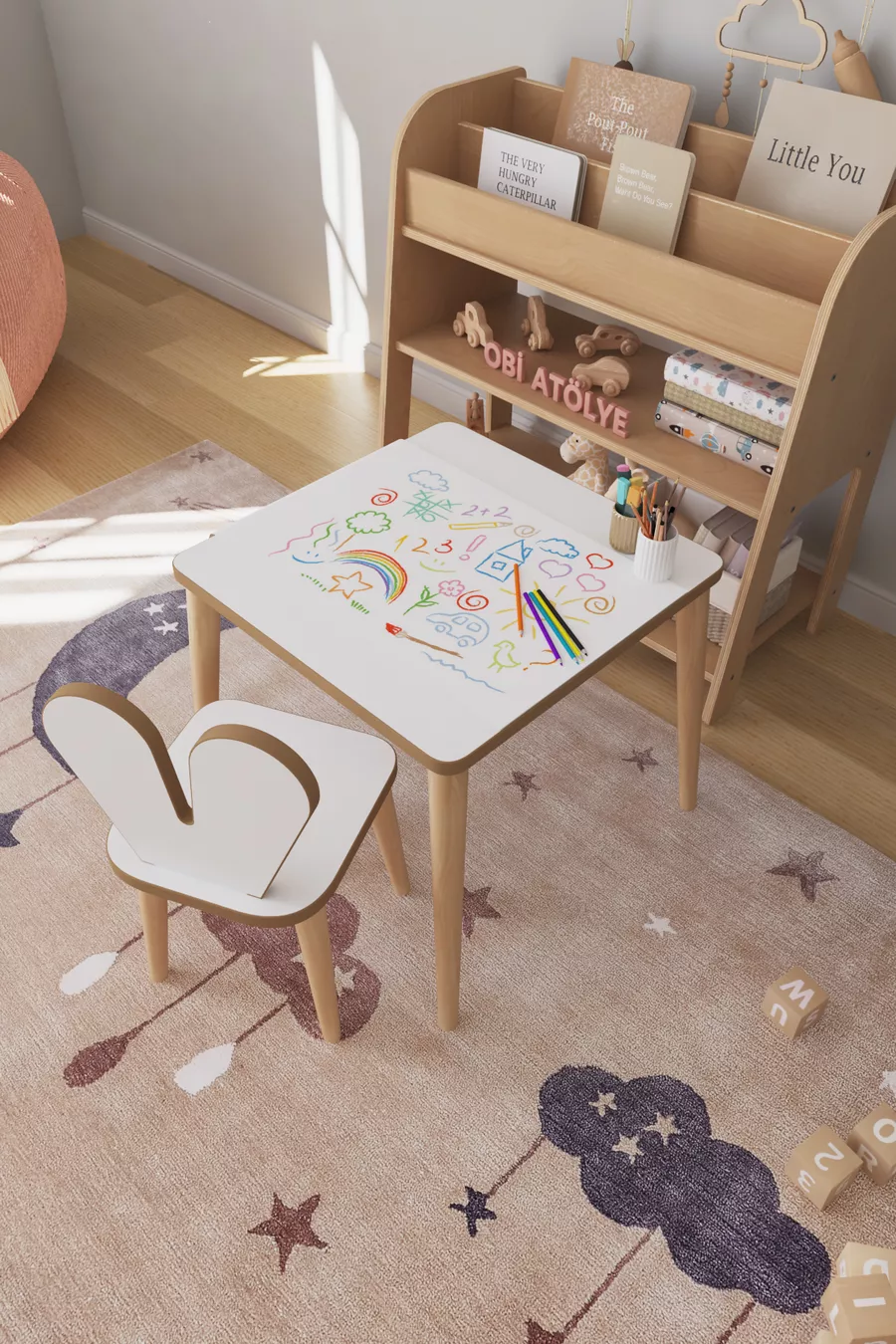 Table d'activité de jeu pour enfants Cm - Ensemble de rouleaux de papier - Table de travail avec chaise Montessori