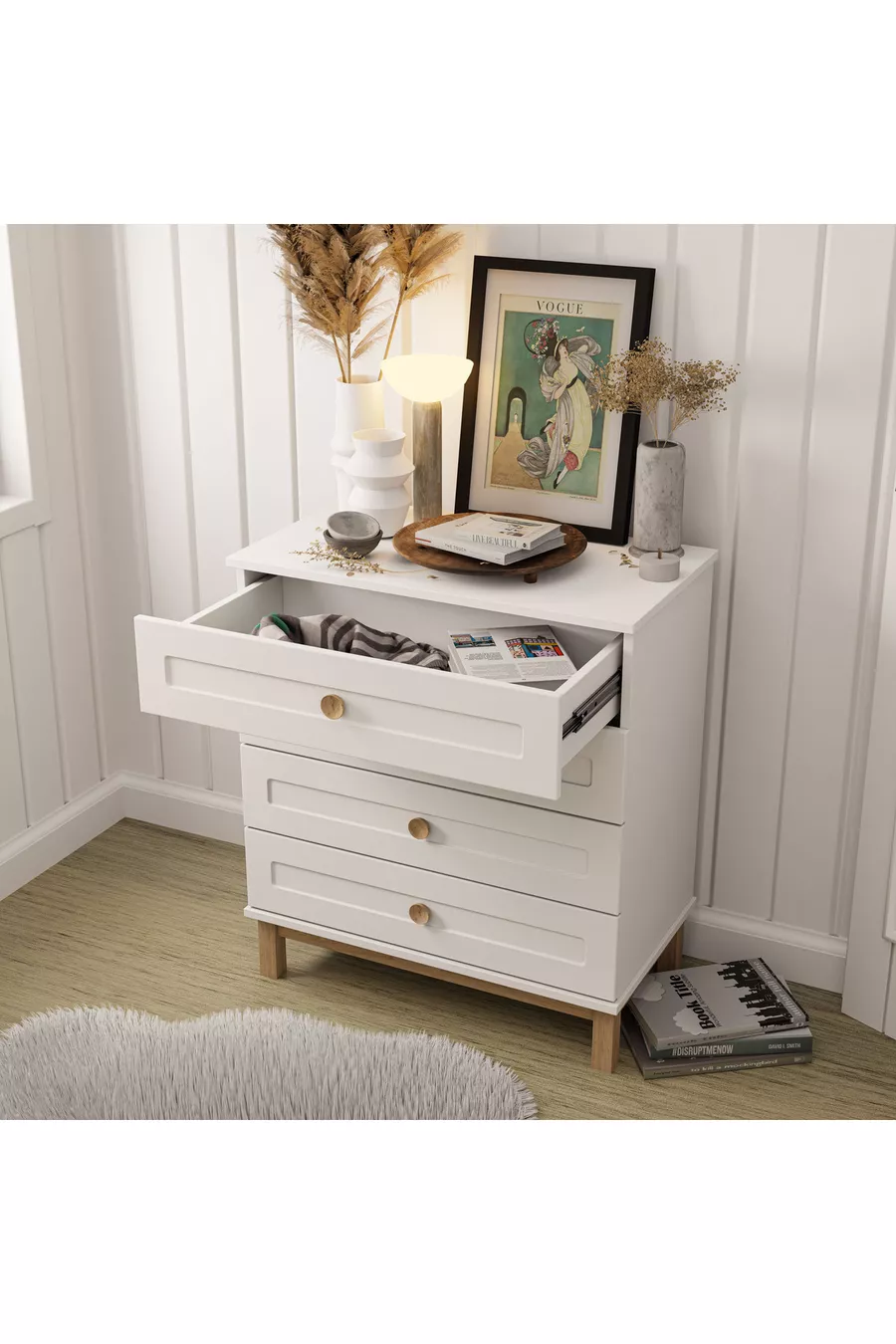 Commode Desa 4 tiroirs avec portes en MDF à glissières télescopiques (pieds en profilé MDF) Blanche - Panier