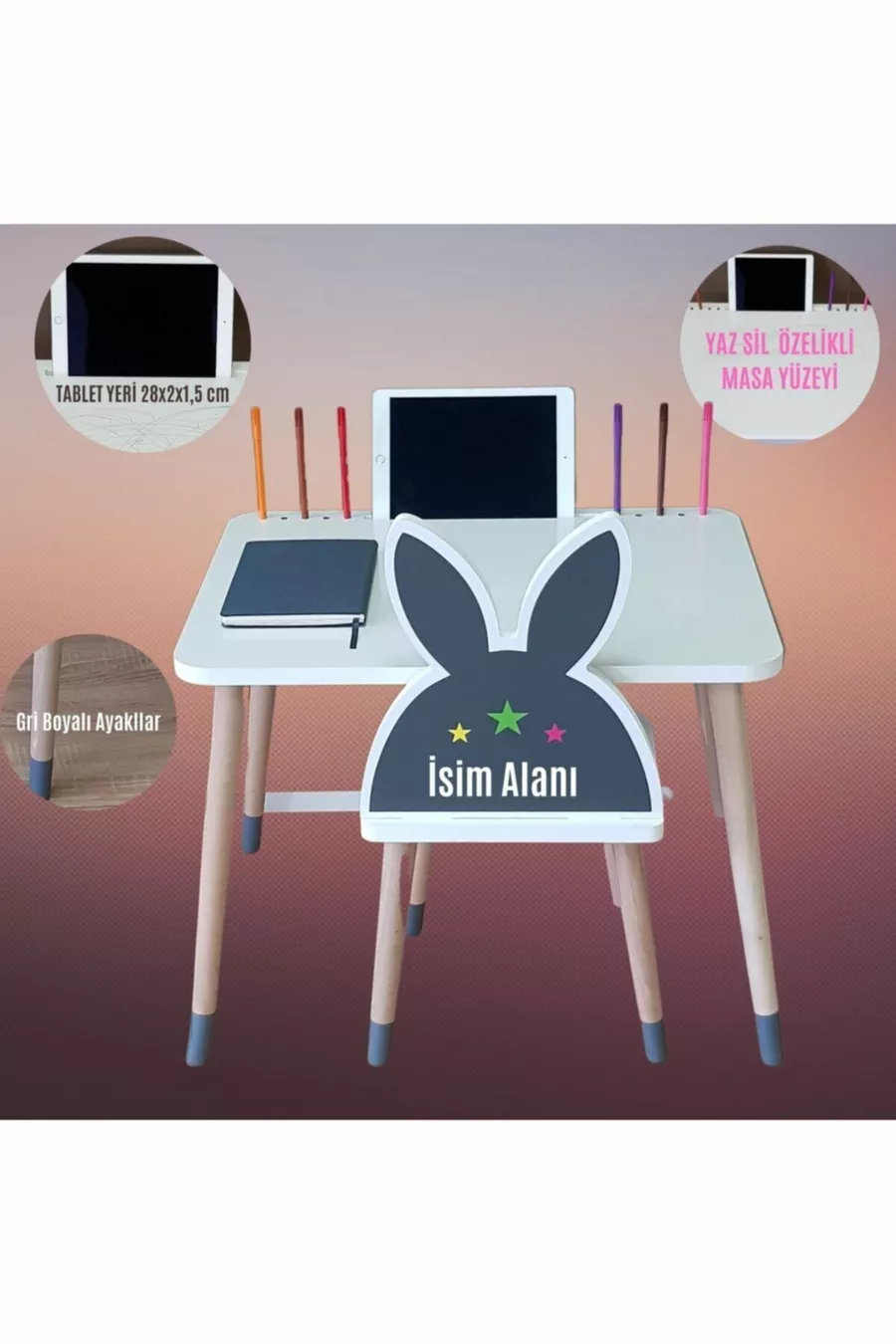 Ensemble Table et Chaise pour Activité Enfant 1, 2-6 ans - Surface avec Espace pour Tablette, Porte-stylo et Fonction Effaçable