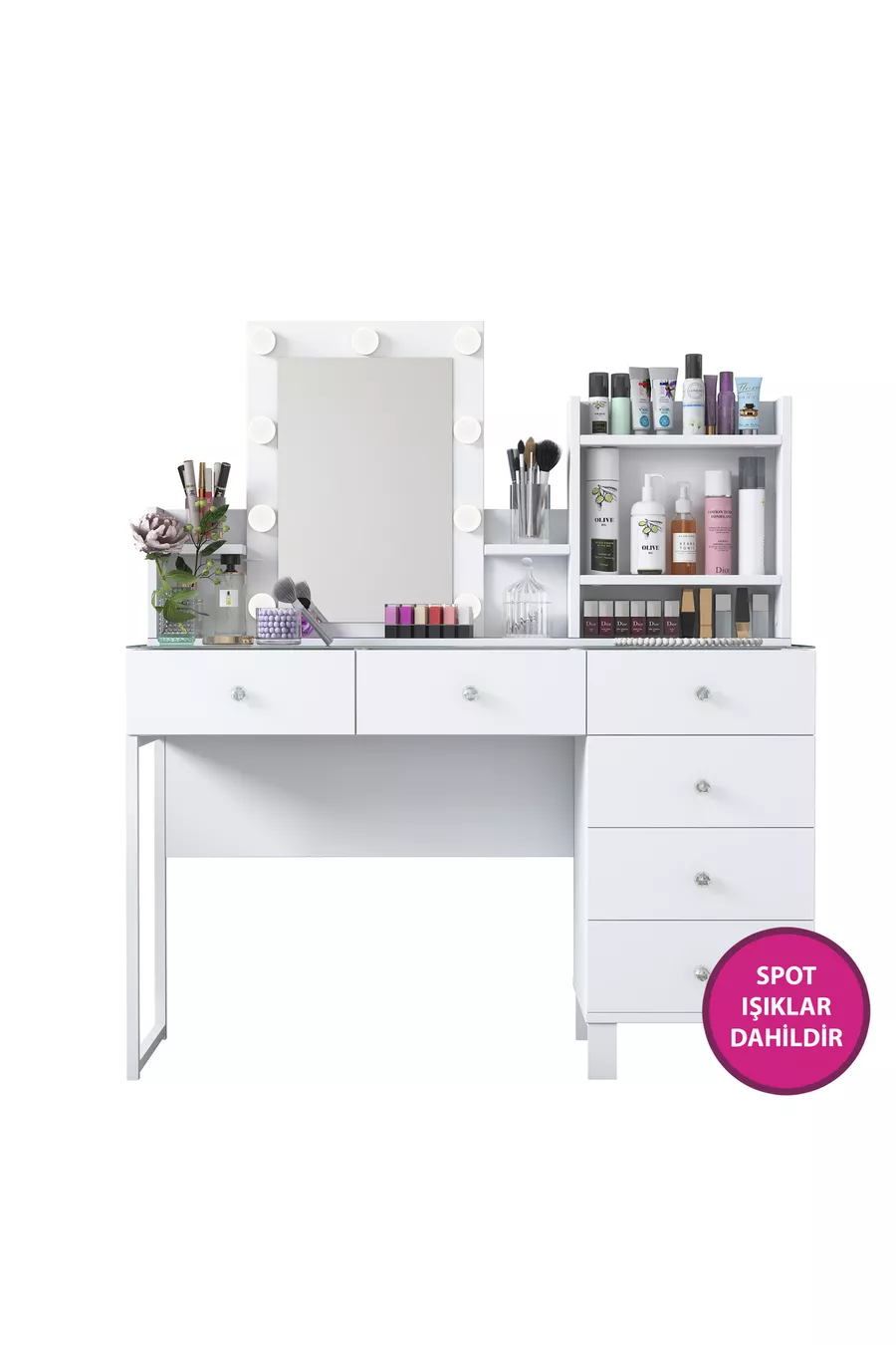 Coiffeuse de coulisses avec miroir éclairé Hollywood Rani, organiseur de bijoux à 6 tiroirs, blanc