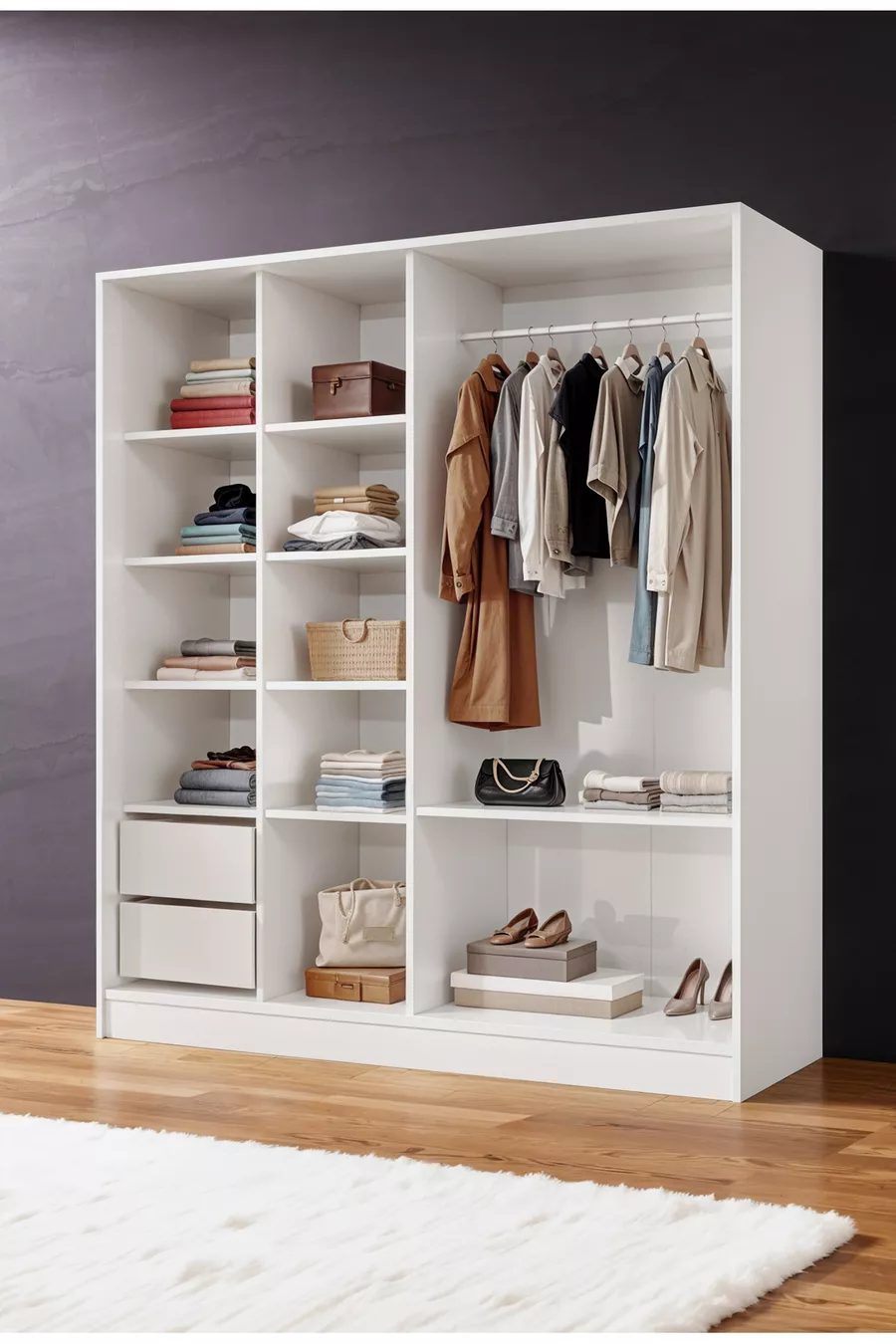 Armoire  Zambak coulissante avec étagères multiples, tiroirs et penderie, structure blanche (portes blanches-blanches)