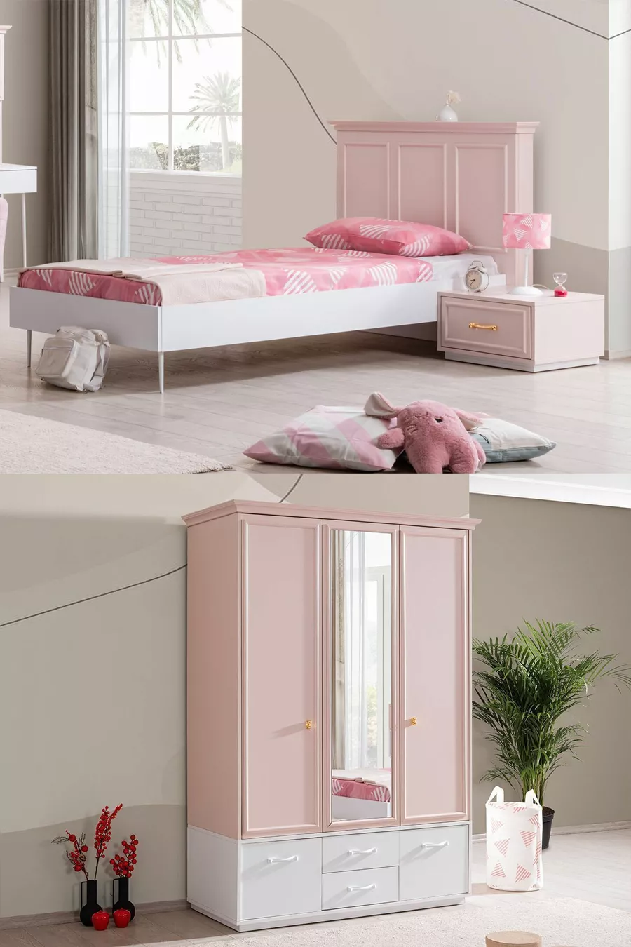Chambre d'enfant Rosa - Armoire 3 portes, Lit, Table de chevet