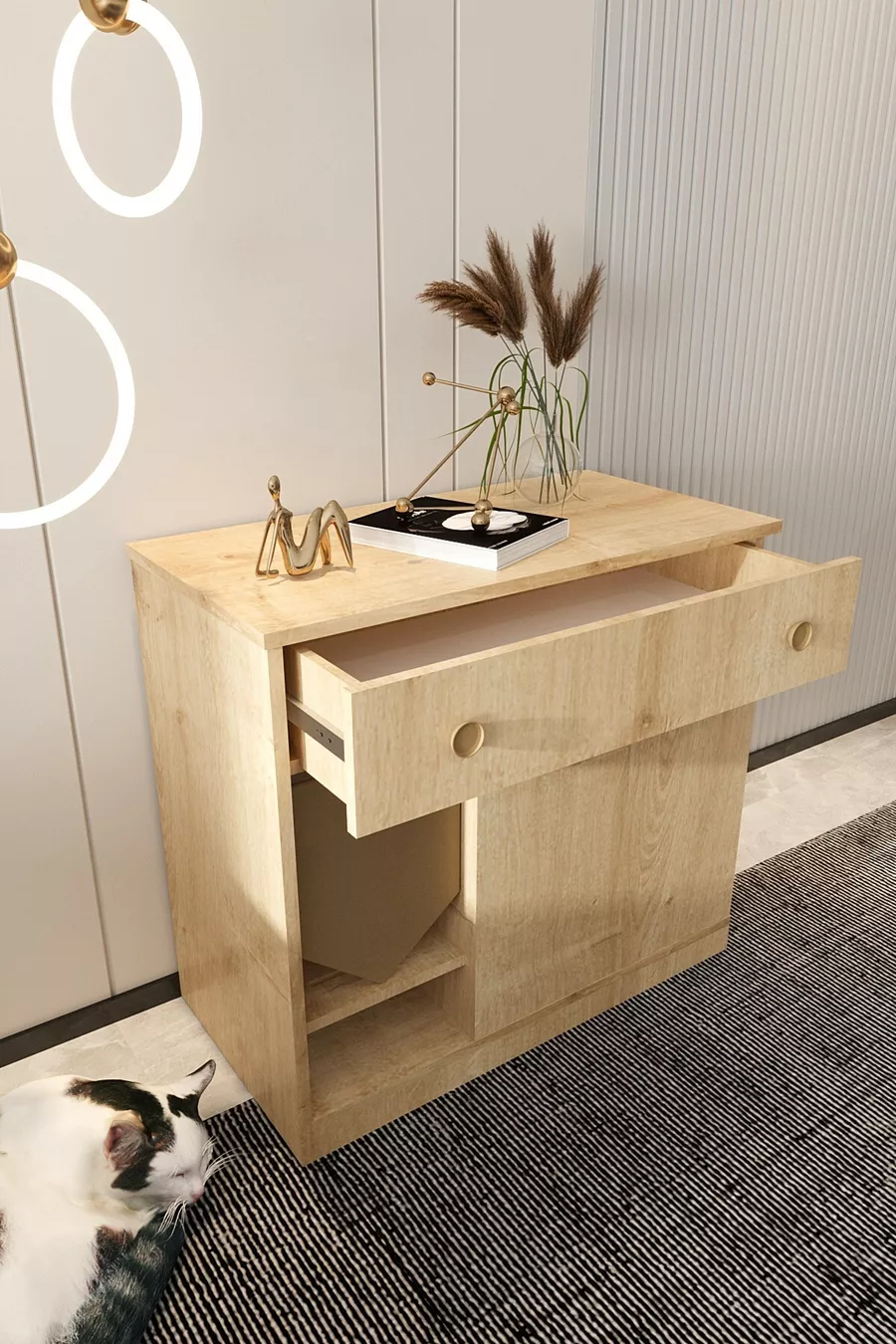Litière pour chat en bois MONA avec tiroir - couvercle verrouillable - tissu inclus - bac à litière non inclus - CHÊNE SAPHIR
