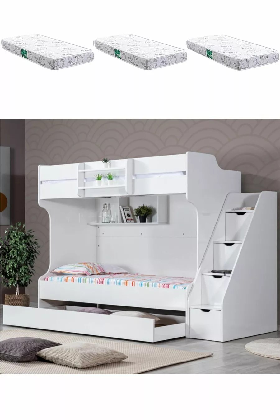 Lits superposés, Lit superposé avec tiroirs Kardem - Blanc + 3 matelas Comfort