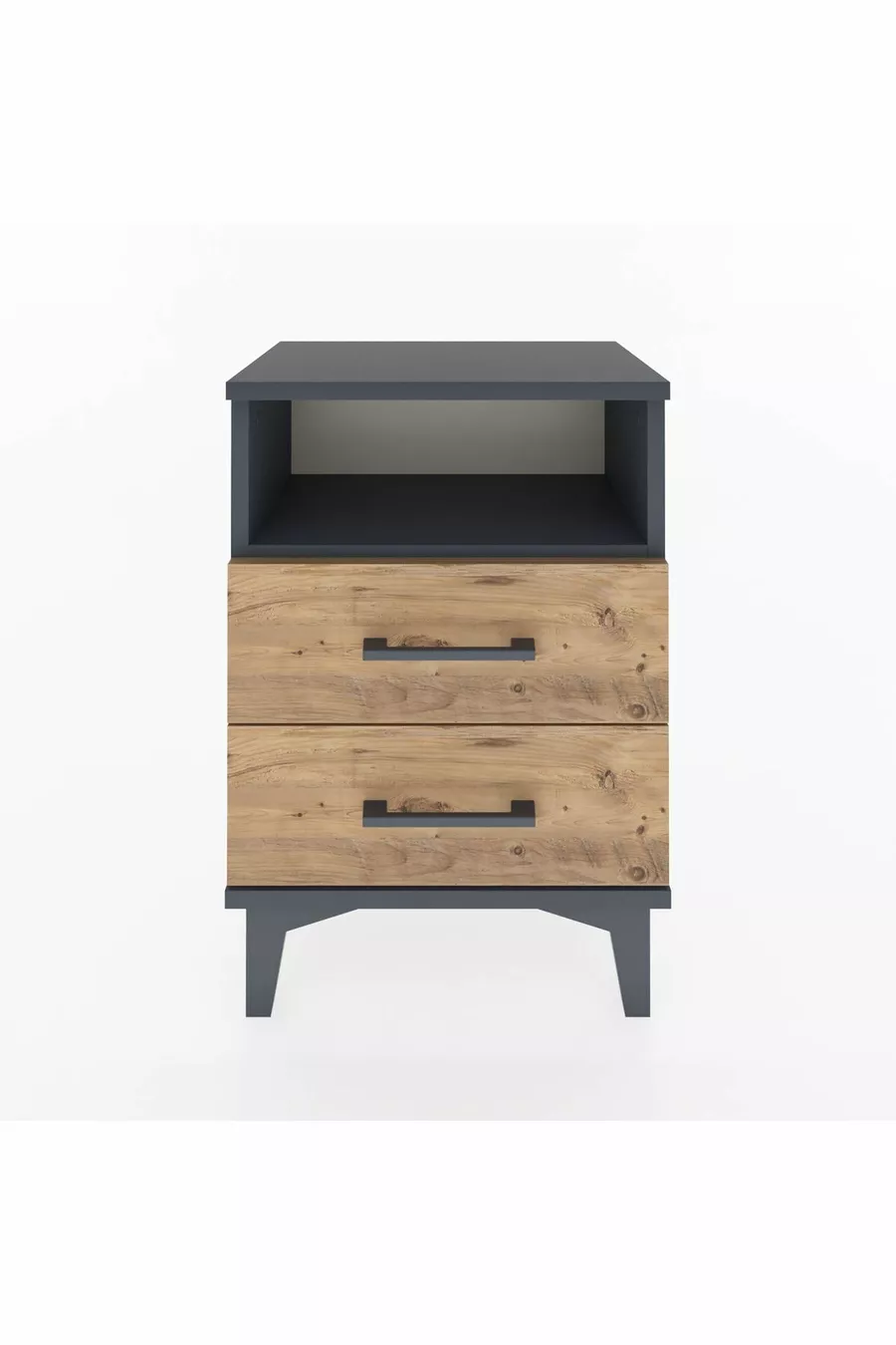 Chevet Arges à une étagère et deux tiroirs Anthracite-Pin