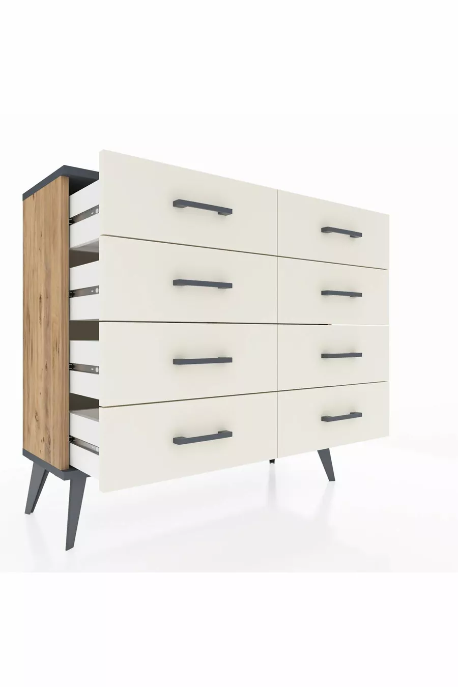 Commode Arges 8 tiroirs Pin-Anthracite/Gris pierre