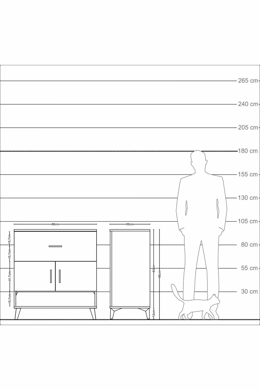 Commode Kronos avec 2 étagères, 1 tiroir et 2 portes, Pierre de Lune-Sapin