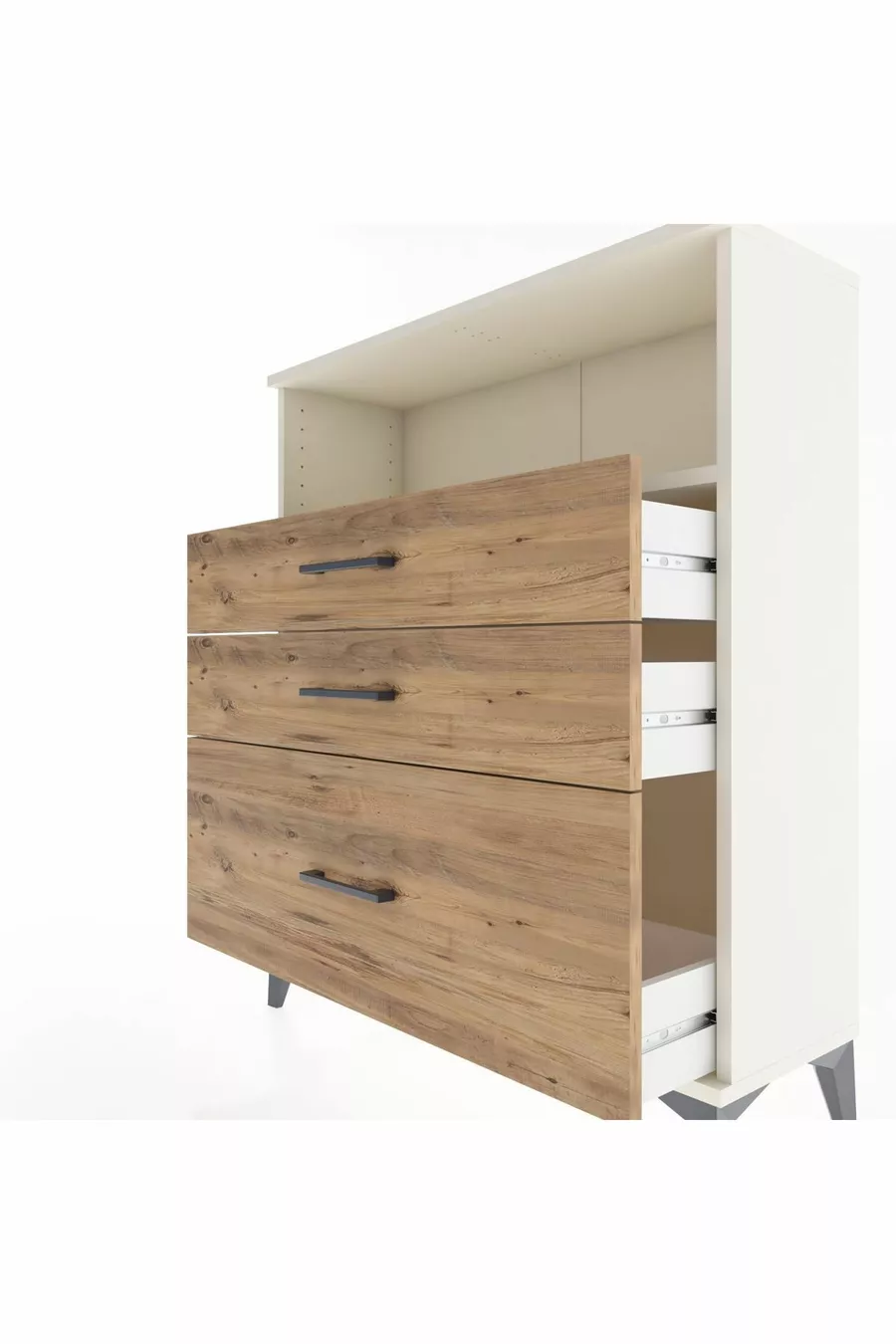Commode Arges à une étagère et trois tiroirs en Pierre de Lune et pin