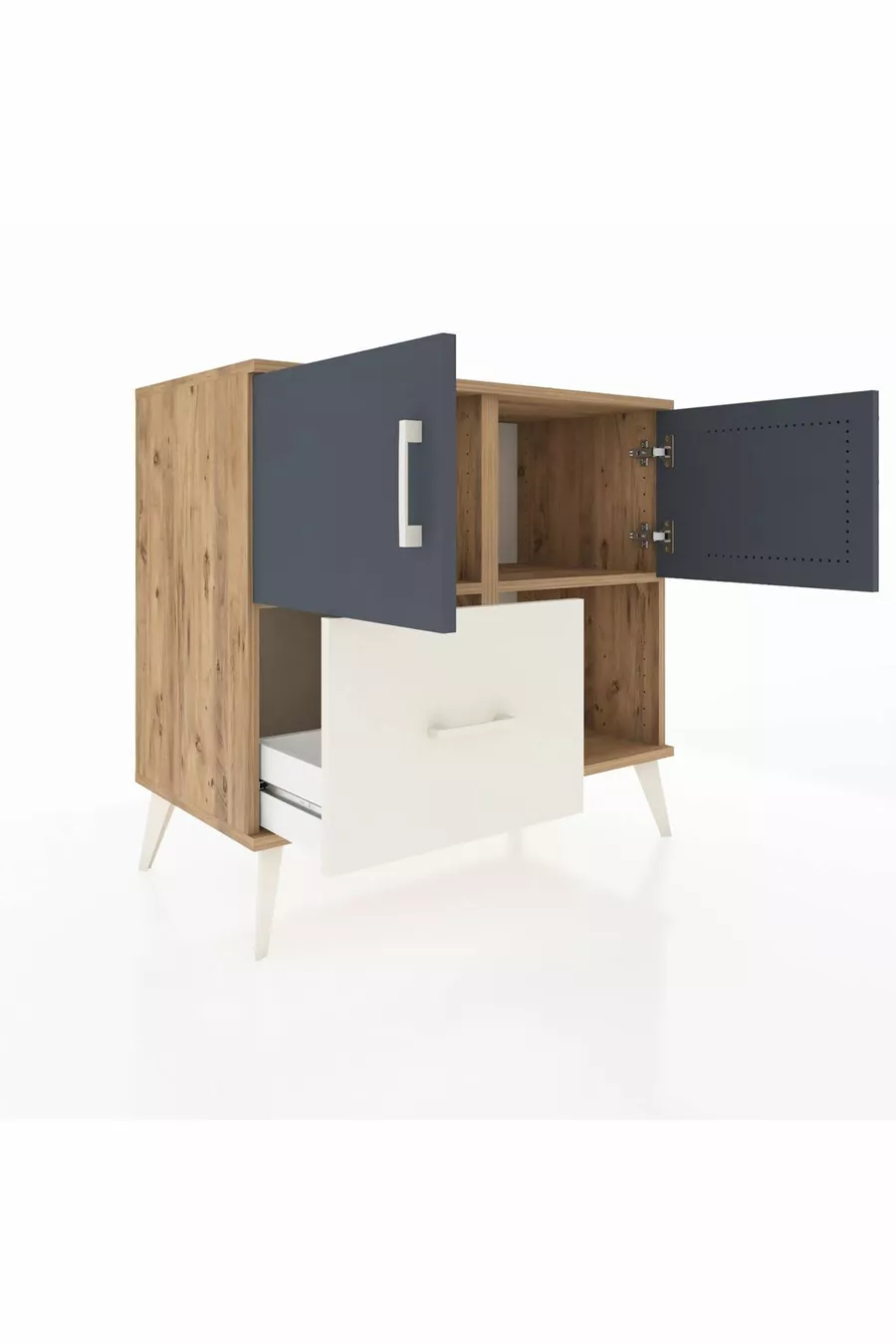 Commode Hyperion avec 2 étagères, 1 tiroir et 2 portes, Pin-Anthracite/Pierre de lune