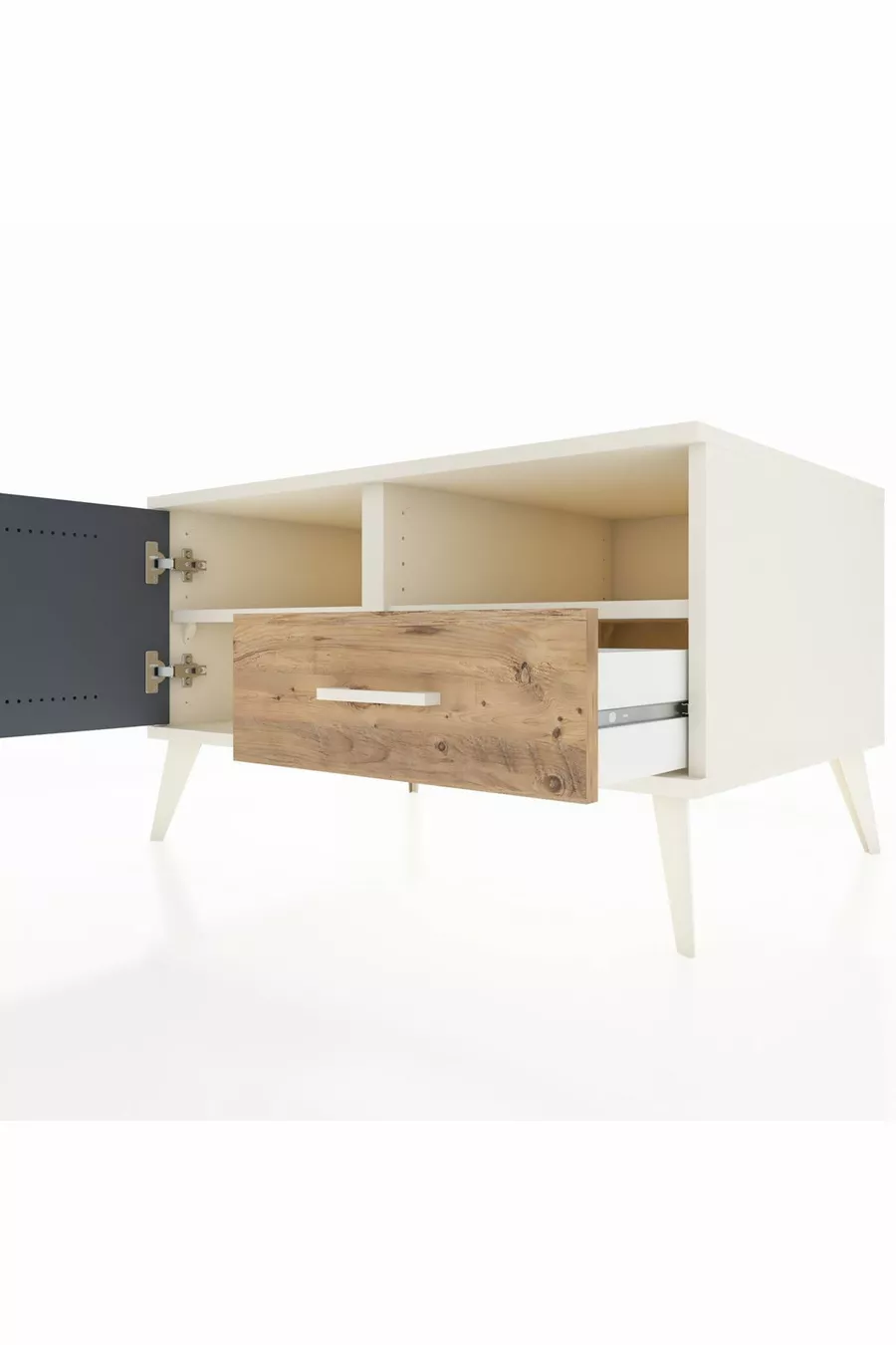 Commode Kronos avec 2 étagères, 1 tiroir et 1 porte, Pierre de Lune-Anthracite/Pin