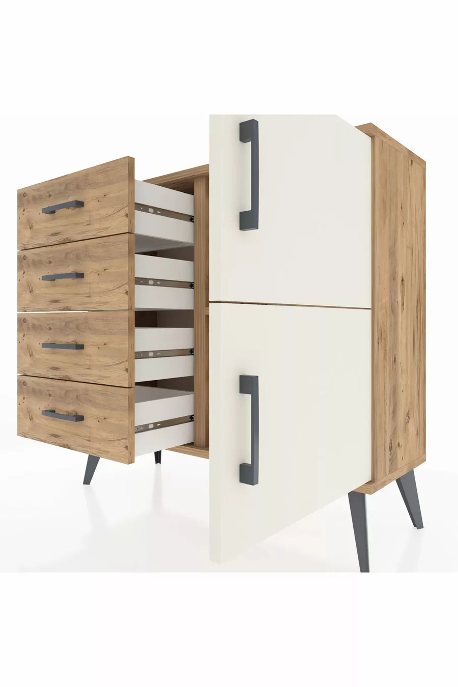Commode Arges avec une seule étagère, 4 tiroirs et 2 portes, Pin-Pierre d'argile/Pin