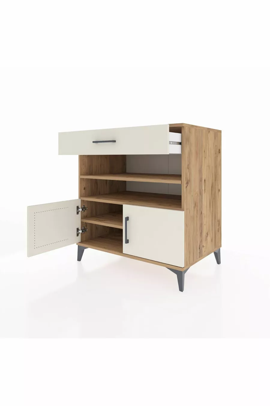 Commode Kronos 3 étagères, 1 tiroir, 2 portes, pin-pierre de Lune