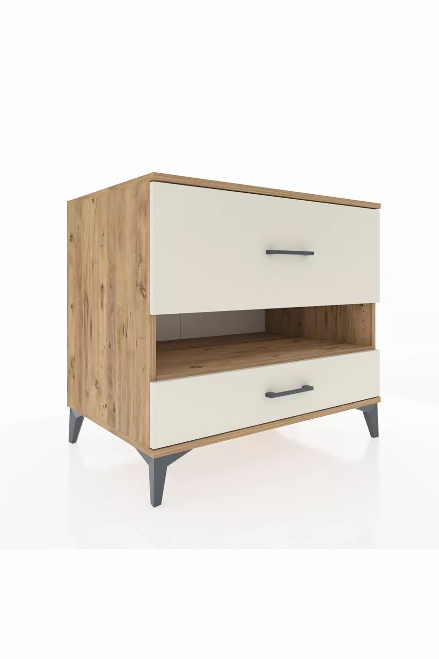 Commode Kronos à une étagère et 2 tiroirs en pin et pierre de lave