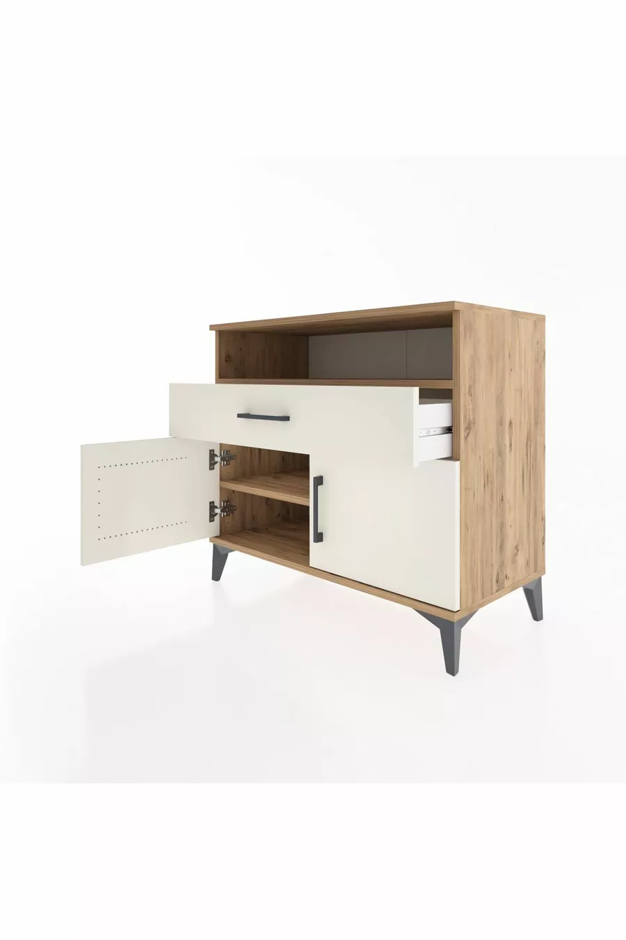 Commode Hyperion avec 2 étagères, 1 tiroir et 2 portes, pin-pierre d'onyx