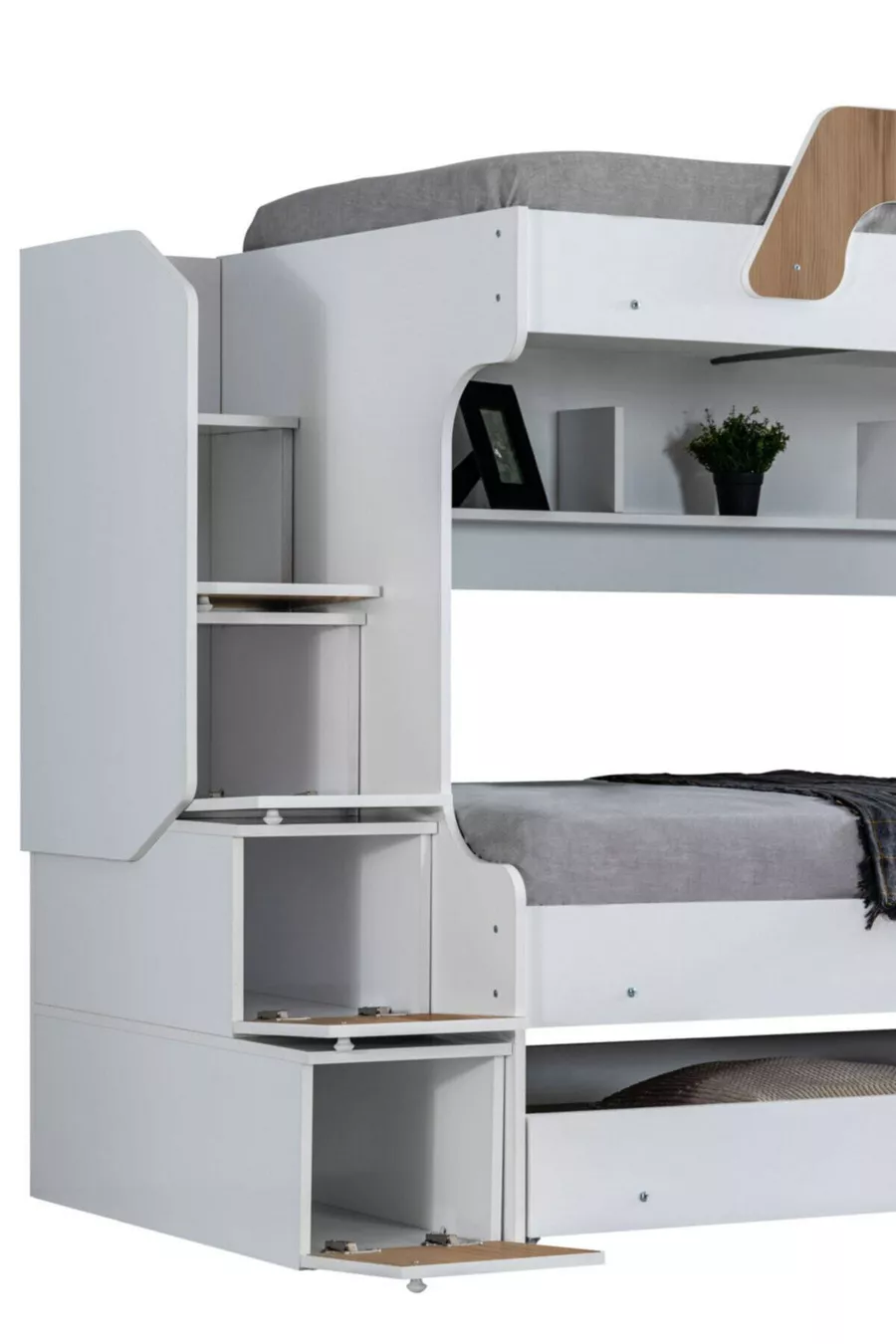 Lits superposés, Lit superposé pour enfants Inci avec lit gigogne en noyer, lot de 3 matelas confort