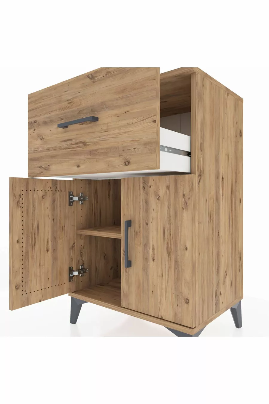 Chevet Hyperion avec une étagère simple, un tiroir et deux portes, en pin