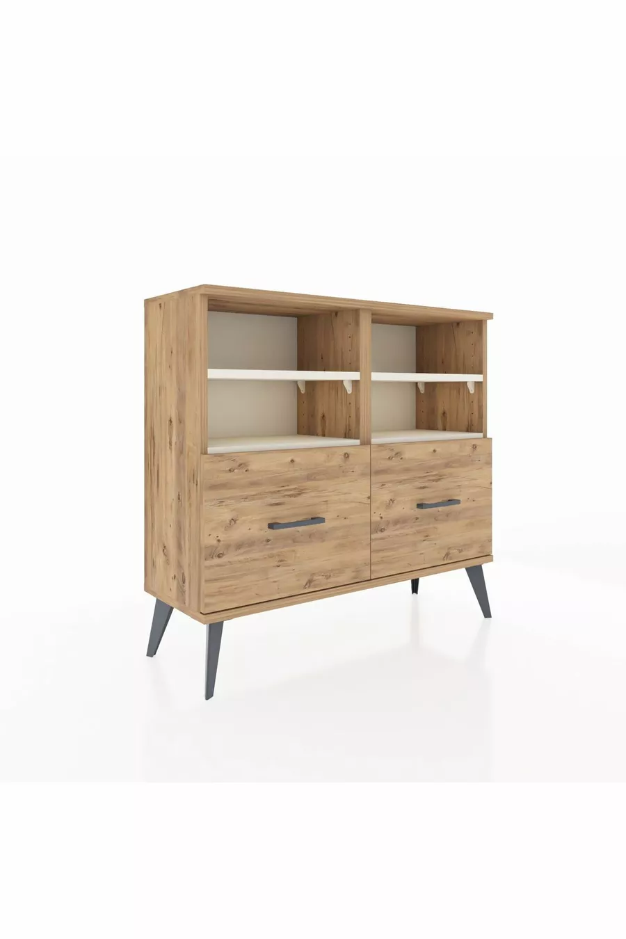 Commode Arges 4 étagères 2 tiroirs Pin-Pierre de Lune/Pin