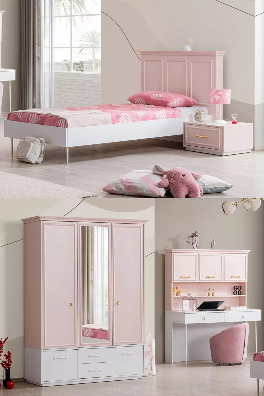 Chambre d'enfant Rosa - Armoire 3 portes, Lit, Table de chevet, Bureau