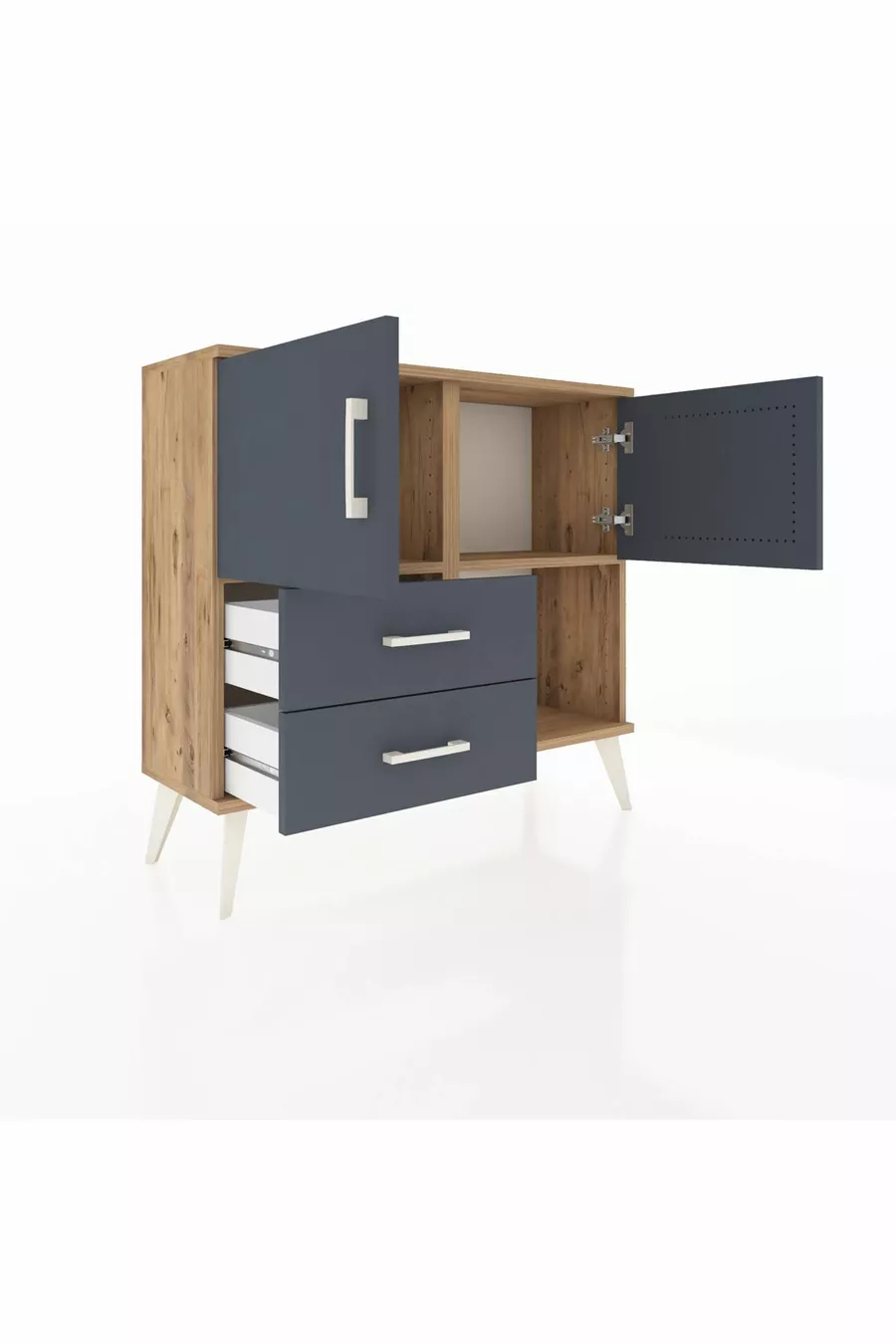 Commode Arges 2 étagères 2 tiroirs 2 portes Pin-Anthracite