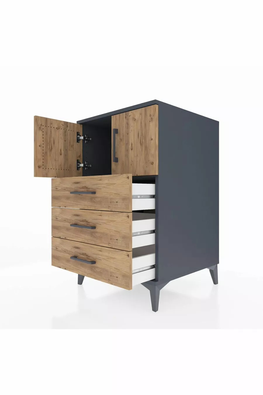 Table de chevet Kronos avec une étagère, 3 tiroirs et 2 portes, anthracite-pin