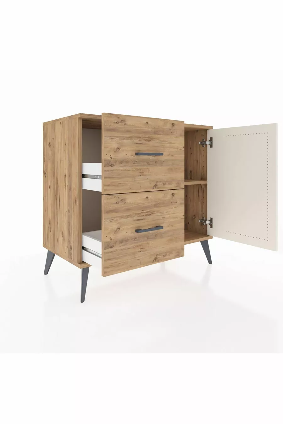 Commode Hyperion avec une étagère, 2 tiroirs et une porte, pin-pierre d'onyx/pin