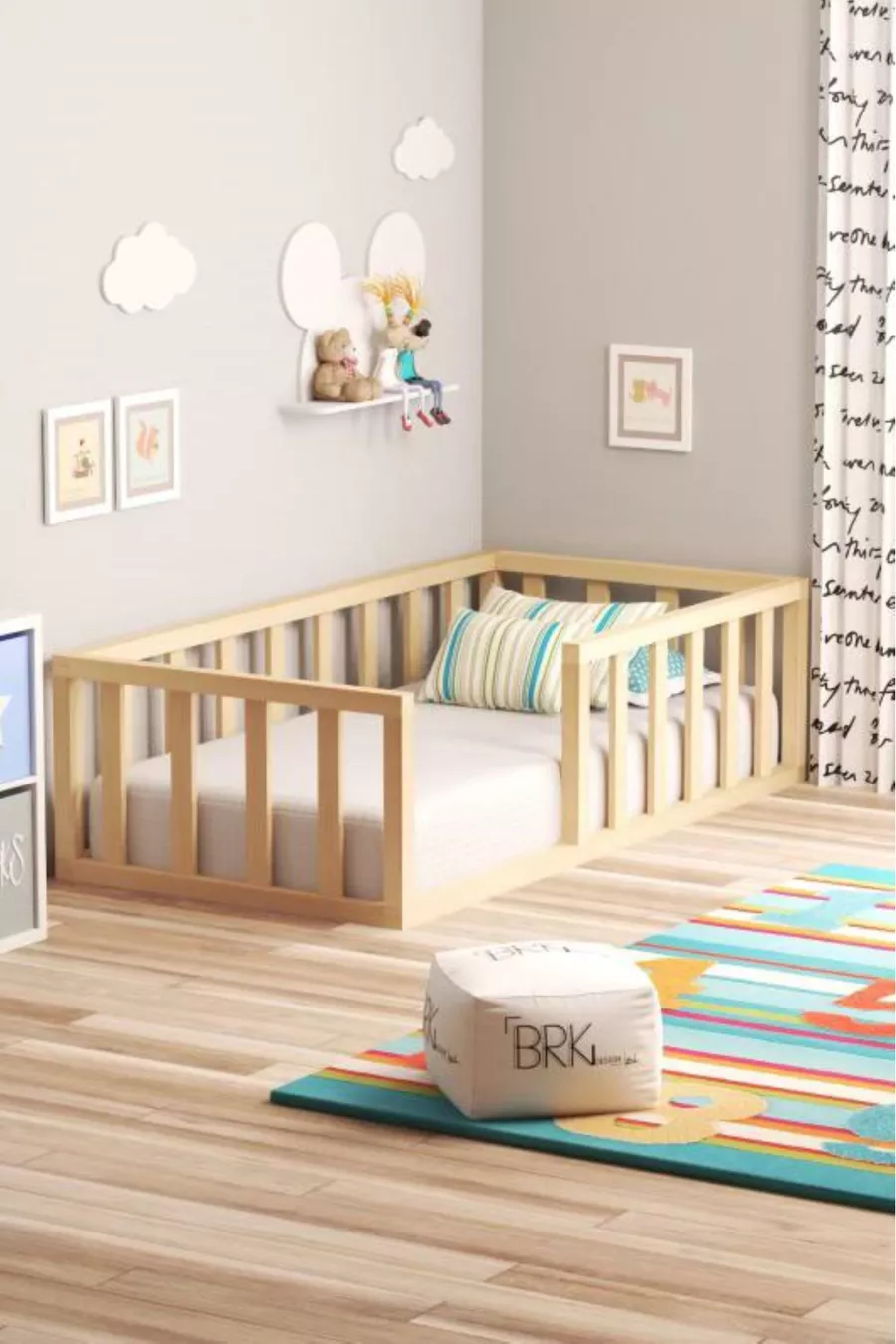 Lit Montessori sans pieds en bois de pin naturel pour enfants et bébés
