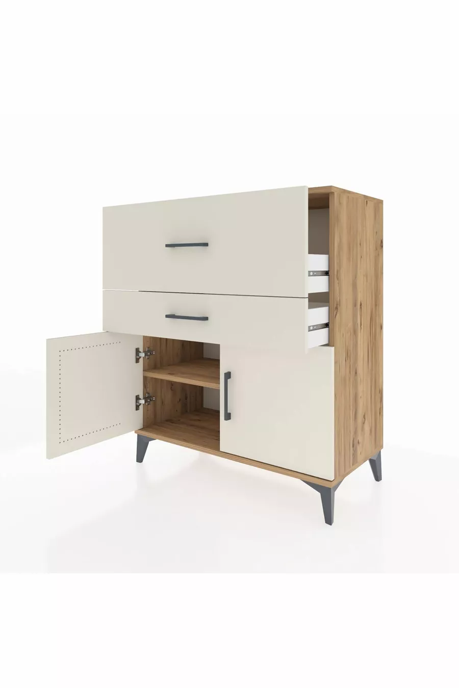Commode Hyperion à une étagère, 2 tiroirs et 2 portes, pin-jaspe