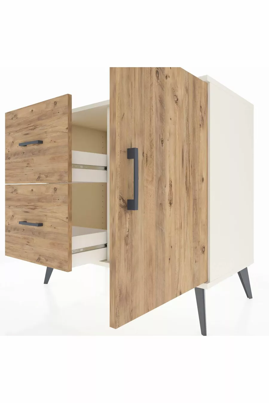 Commode Hyperion à une étagère, 2 tiroirs et 1 porte, Pierre de Lune-Pin