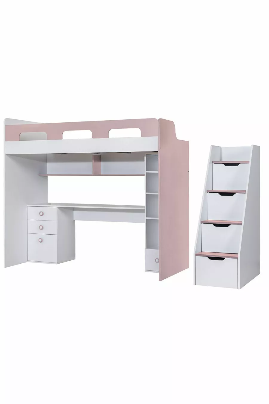 Lit superposé, bureau et bibliothèque Troya - Rose