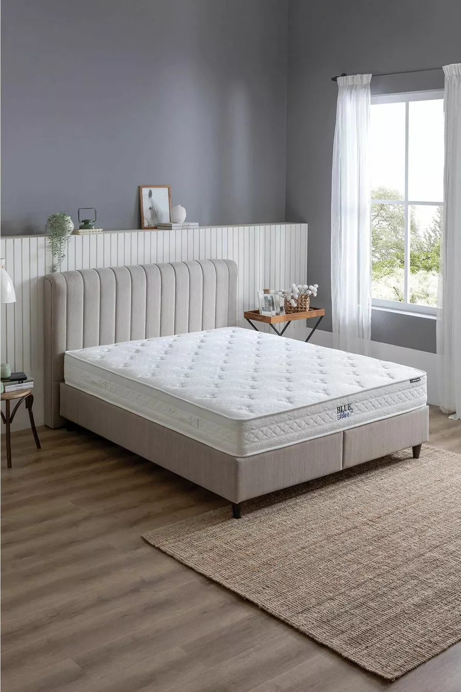 Blue Star Lit, Cadre Lento, Tête de lit Somni Ensemble 3 pièces - Beige