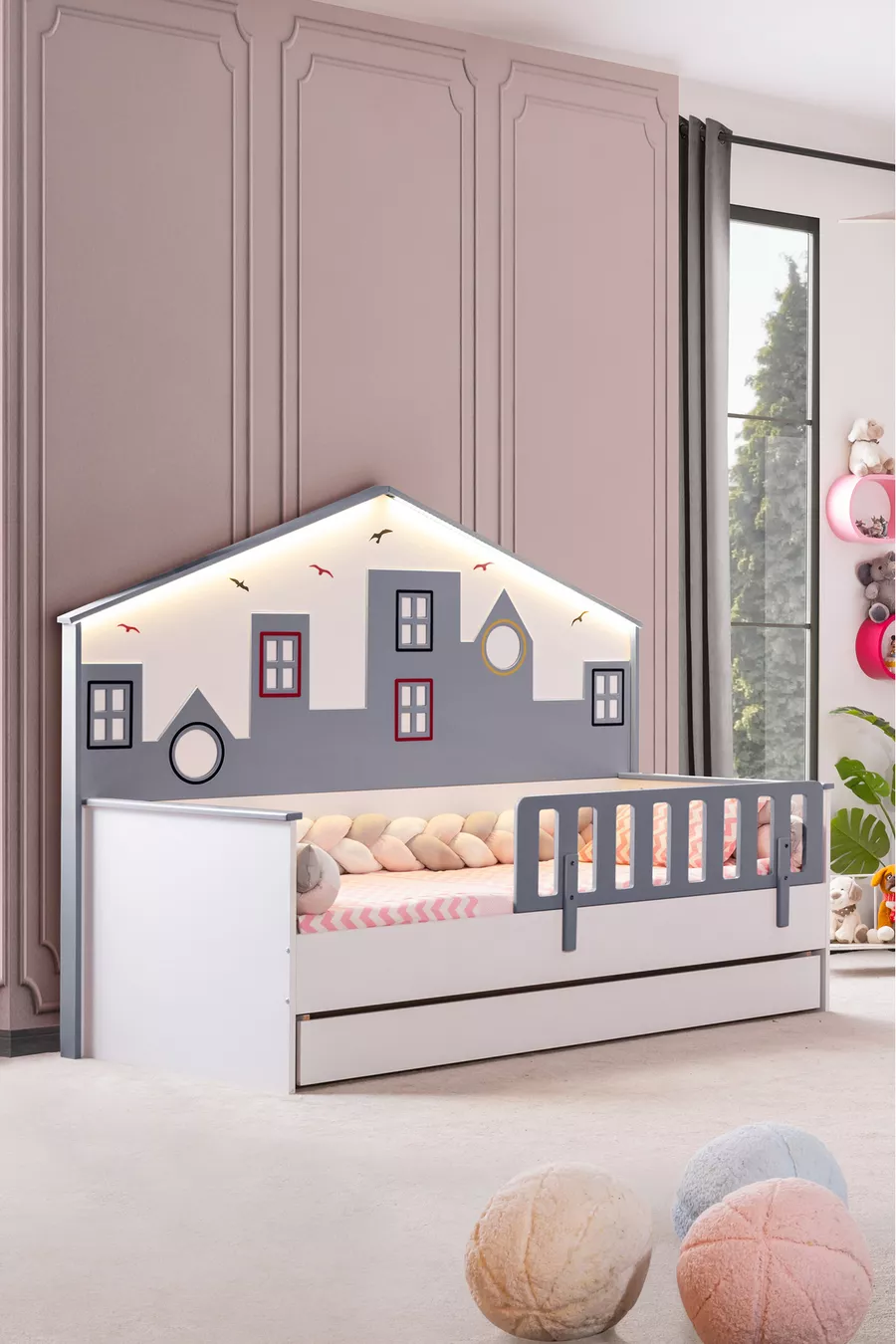 Lit Montessori avec tiroir pour enfant, Lit Montessori City avec panneau et barrières - Gris
