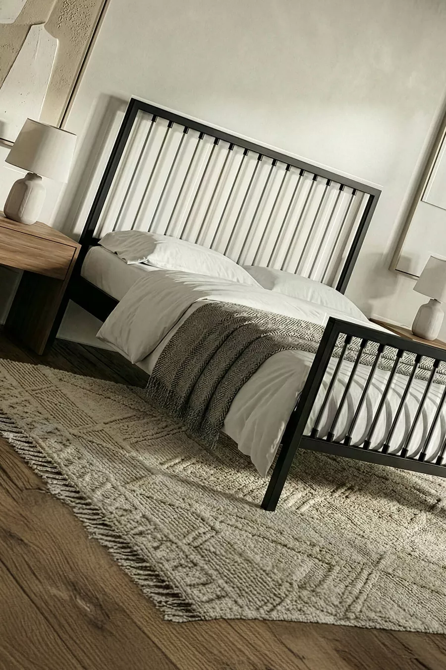 Lit en métal forgé Breeze pour deux personnes (NOIR-GRIS) (LAMELLES EN BOIS)