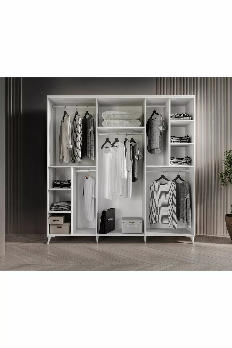 Ensemble de chambre à coucher complet en MDF avec 6 portes, blanc, avec sommier Paris